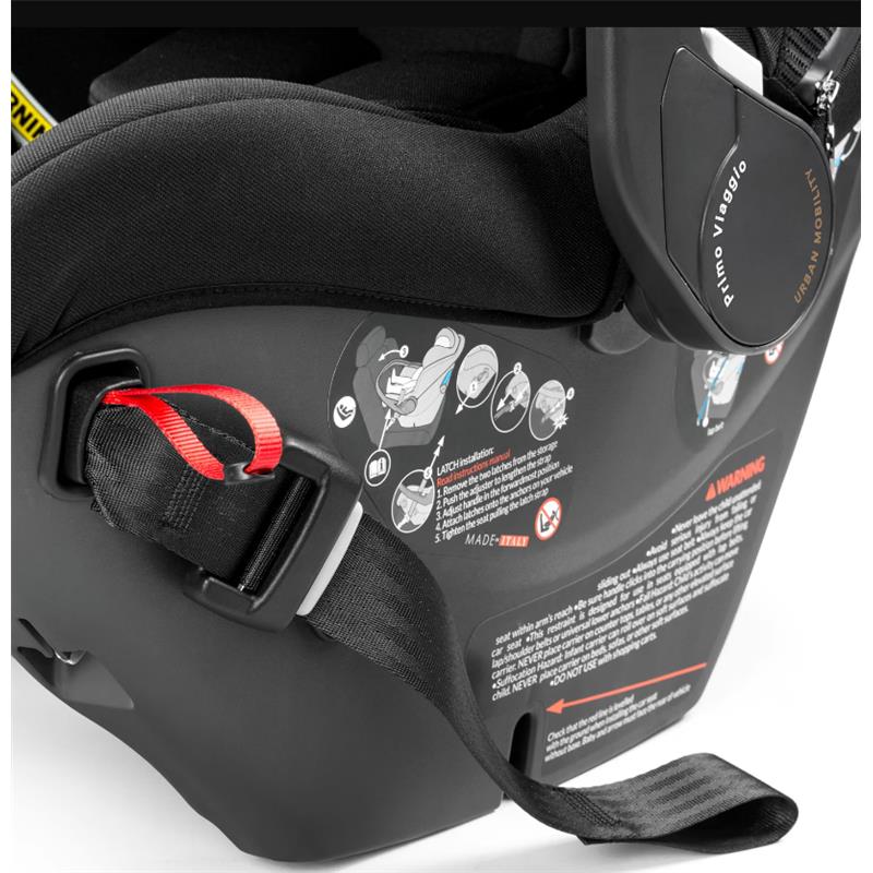 Baseless infant car seat with LATCH system features instruction illustrations, safety warnings, and a sleek True Black design.