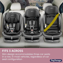Convertible car seats from Peg-Perego arranged in a row, showcasing a slim design that fits three across in most vehicles.
