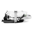 Peg Rialto Booster High Chair in Licorice, featuring a compact folded design with a safety strap and tray.