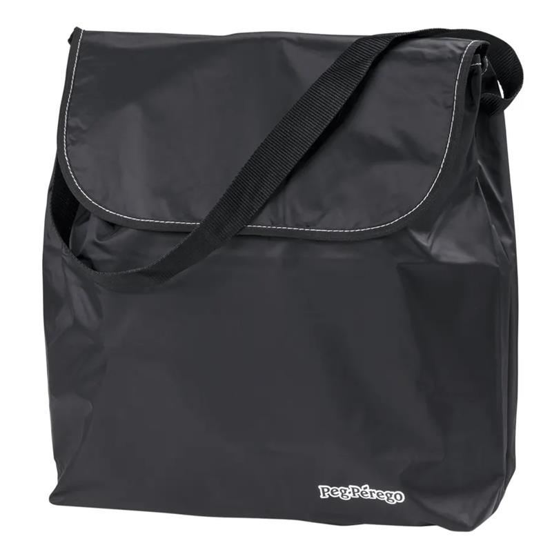 Black tote bag with a strap, featuring the Peg Perego logo, designed for carrying the Peg Rialto Booster High Chair.