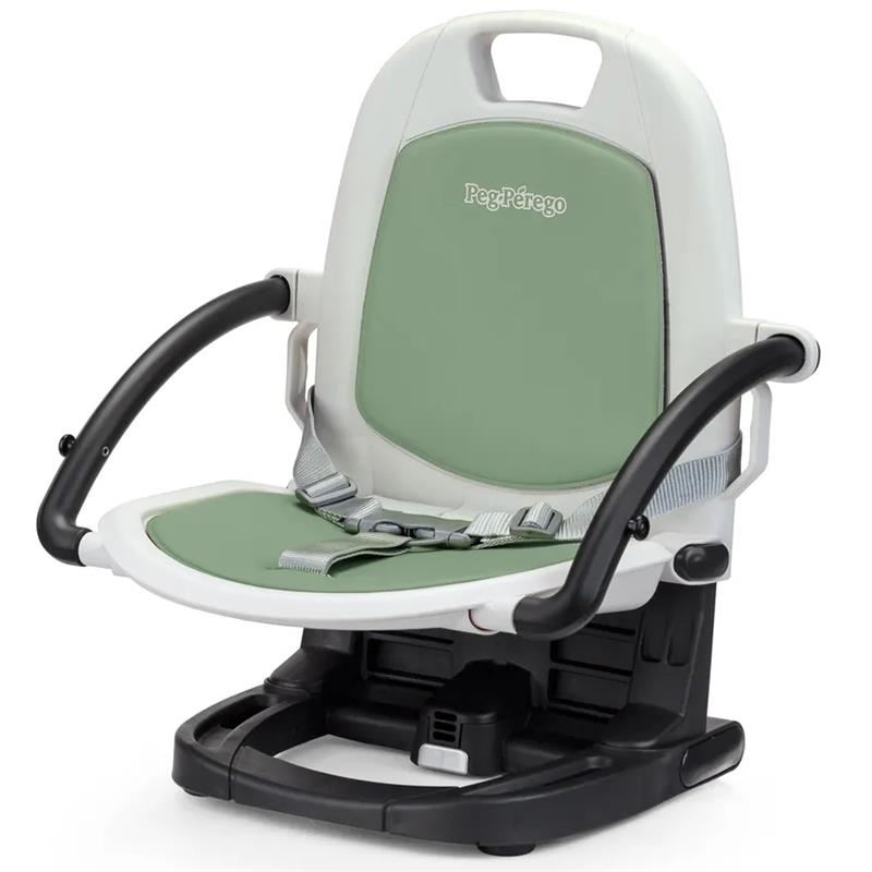 Peg Perego Rialto Booster High Chair in Ice, featuring a soft green seat and back, safety straps, and a sturdy black base.
