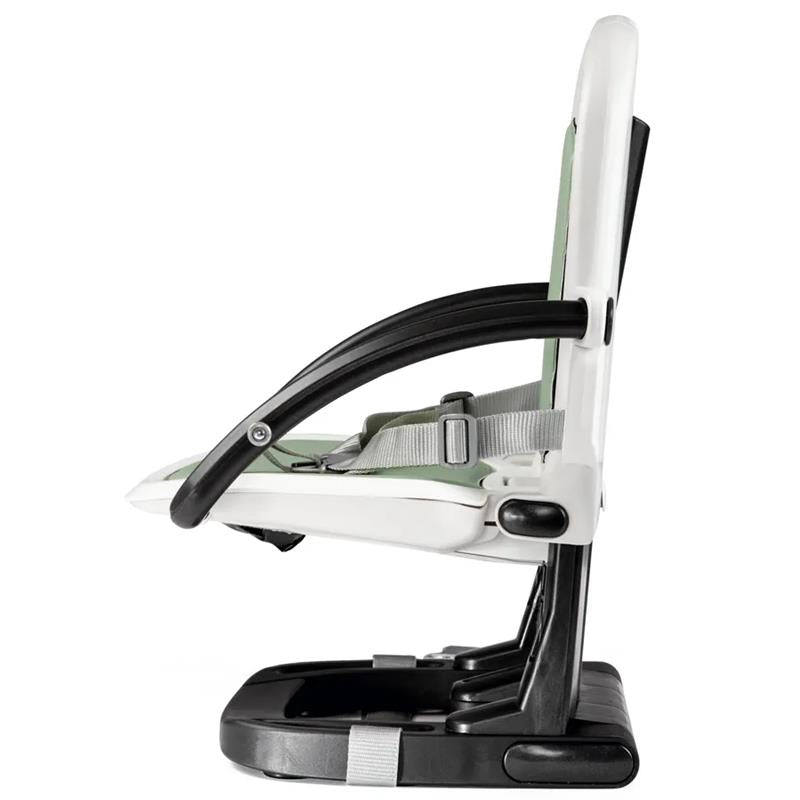 Peg Rialto Booster High Chair in Ice color, featuring a sleek black base, adjustable tray, and safety harness.