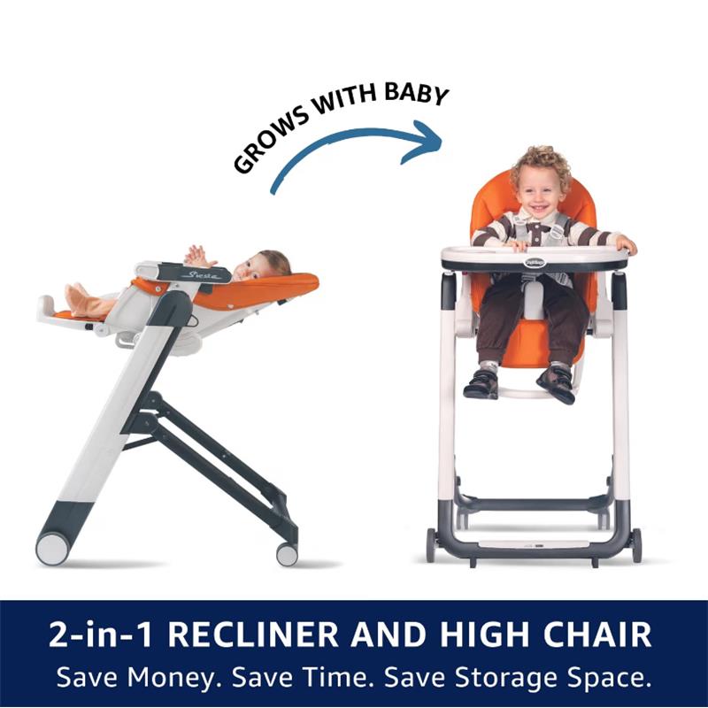 Peg Siesta High Chair in Licorice features a 2-in-1 design with a reclining infant seat and a high chair for toddlers.