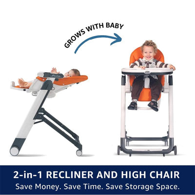 Peg Siesta High Chair in Licorice features a 2-in-1 design with a reclining infant seat and a high chair for toddlers.
