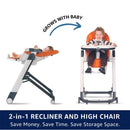 Peg Siesta High Chair in Licorice features a 2-in-1 design with a reclining infant seat and a high chair for toddlers.
