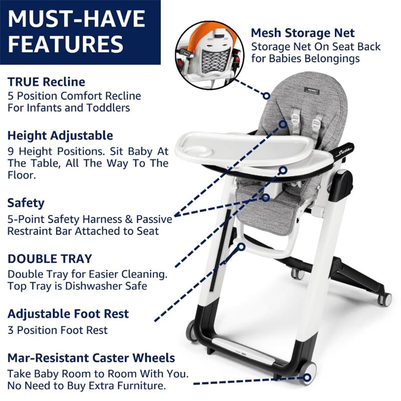 Peg Siesta High Chair in Licorice features adjustable height, a double tray, safety harness, and a mesh storage net.