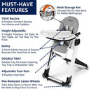 Peg Siesta High Chair in Licorice features adjustable height, a double tray, safety harness, and a mesh storage net.