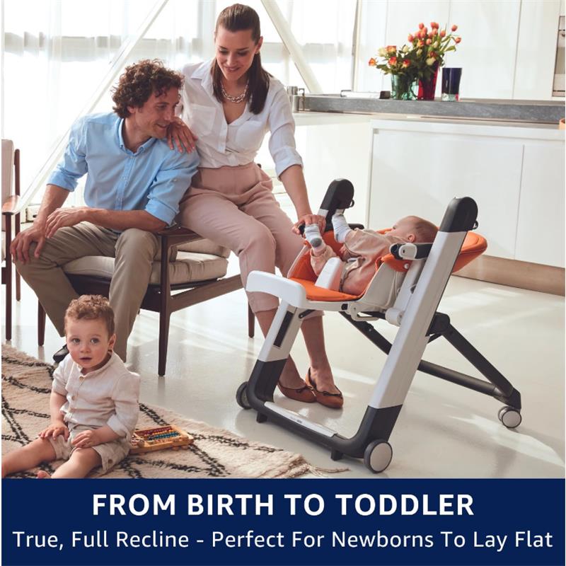 Peg Siesta High Chair in Licorice, adjustable for infants to toddlers, shown in a modern home setting with a family.