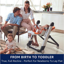 Peg Siesta High Chair in Licorice, adjustable for infants to toddlers, shown in a modern home setting with a family.