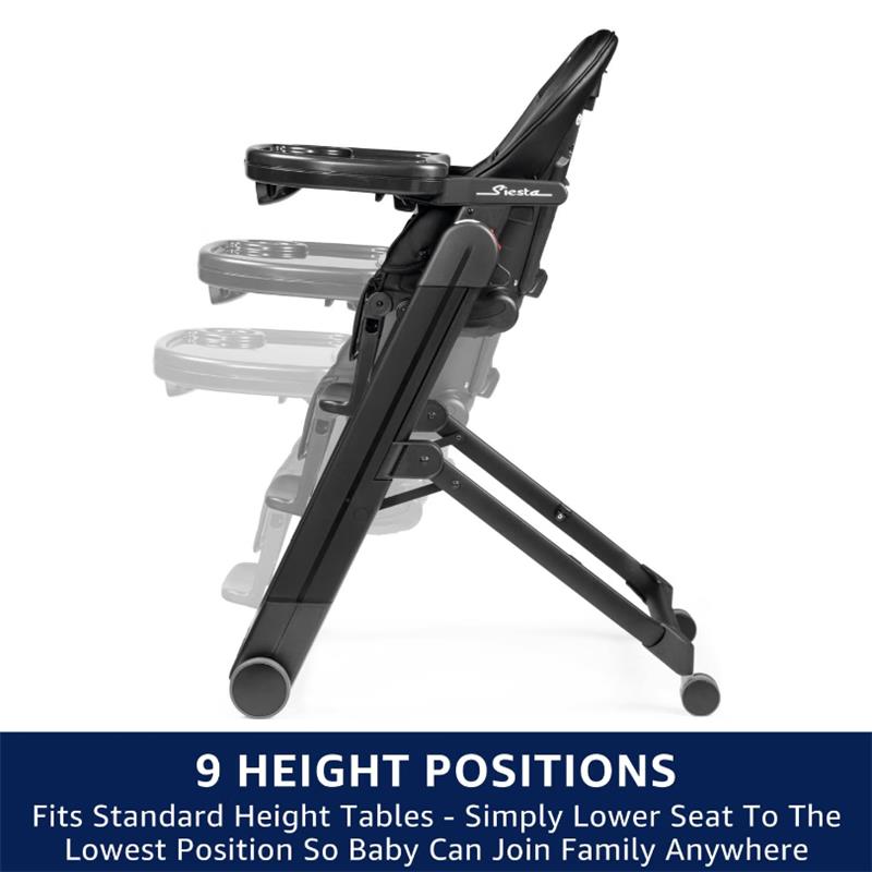 Peg Siesta High Chair in Licorice (Black) with adjustable height feature, accommodating nine positions for dining convenience.
