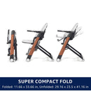 Peg Siesta High Chair in Licorice color, shown in folded and unfolded positions, highlighting its compact design and dimensions.