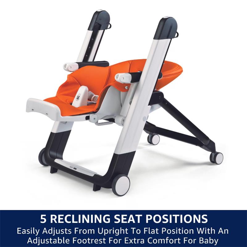 Peg Siesta High Chair in Licorice (Black) featuring a sleek design, orange seat, and adjustable reclining positions for comfort.