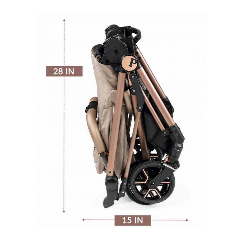 Peg Vivace Single Stroller in Rose Gold, folded position, dimensions marked at 28 inches by 15 inches.