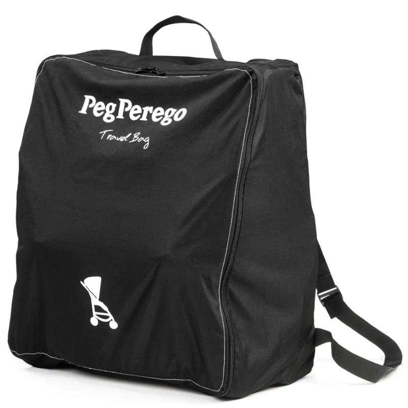 Black Peg Perego travel bag with white logo, designed for storing and transporting the Peg Volo Compact Stroller.