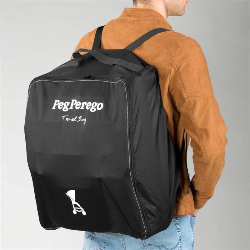 Black Peg Perego travel bag worn as a backpack, featuring white logo and stroller graphic on the front.