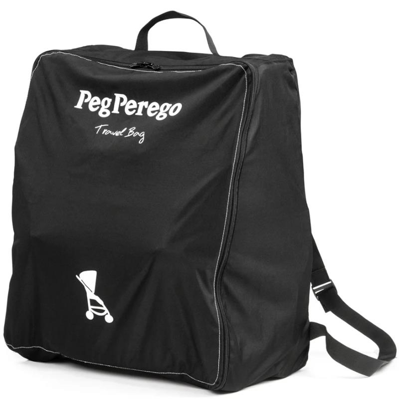 Black Peg Perego travel bag with adjustable straps, designed for carrying the Peg Volo Compact Stroller, featuring a zipper and stroller icon.