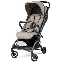 Ultra lightweight Peg-Perego Volo travel stroller in Misty Beige, featuring a padded seat, harness, and canopy.