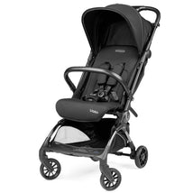 Ultra lightweight Peg Perego Volo travel stroller in True Black with a reclining seat, safety harness, and a foldable design.