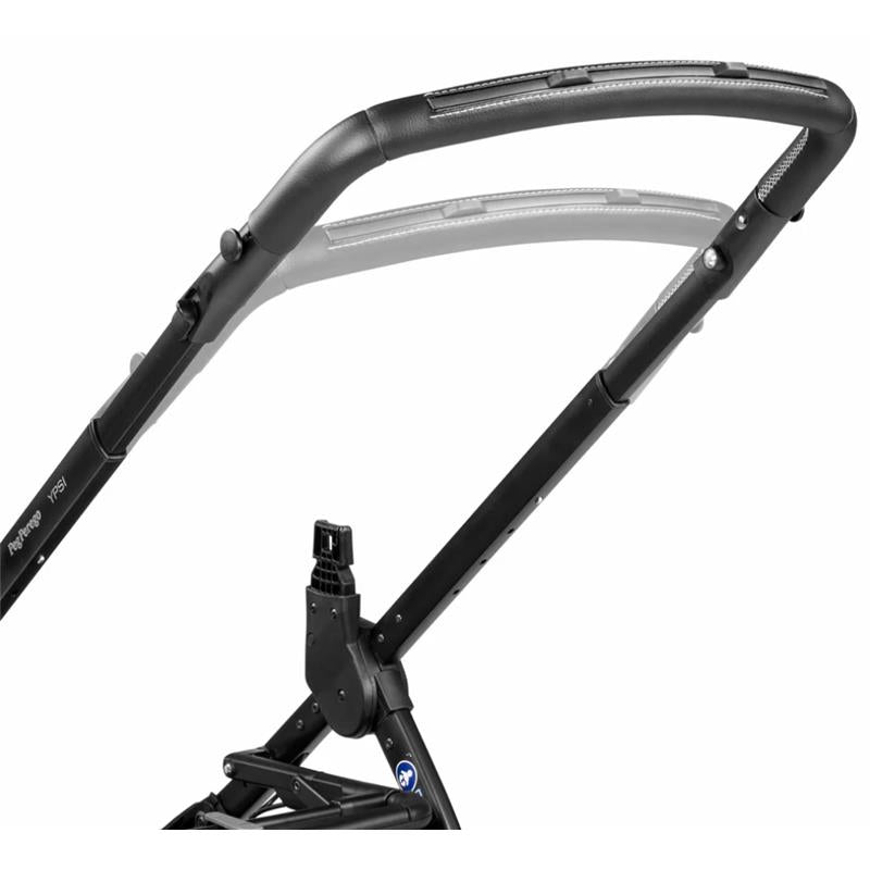 Single-to-double stroller handlebar detail, featuring a sleek black design with adjustable features.