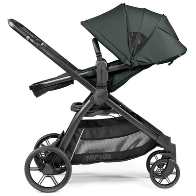 Single-to-double stroller in sage green with adjustable canopy, black frame, and ample storage basket underneath.