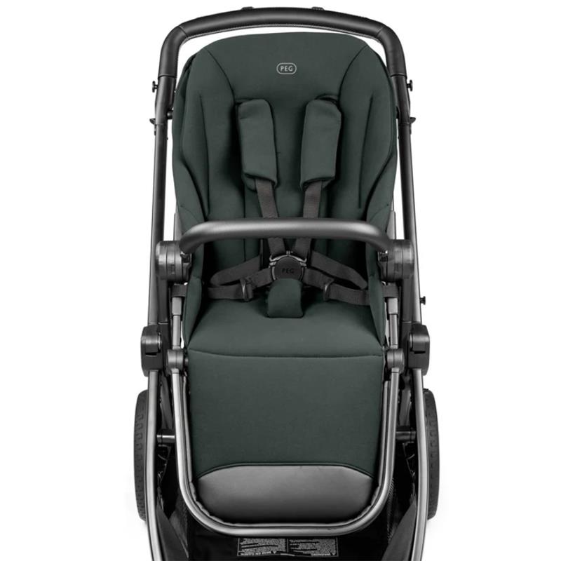 Sage green Peg Ypsi Single-to-Double Stroller seat with safety harness and padded support, seen from the front.
