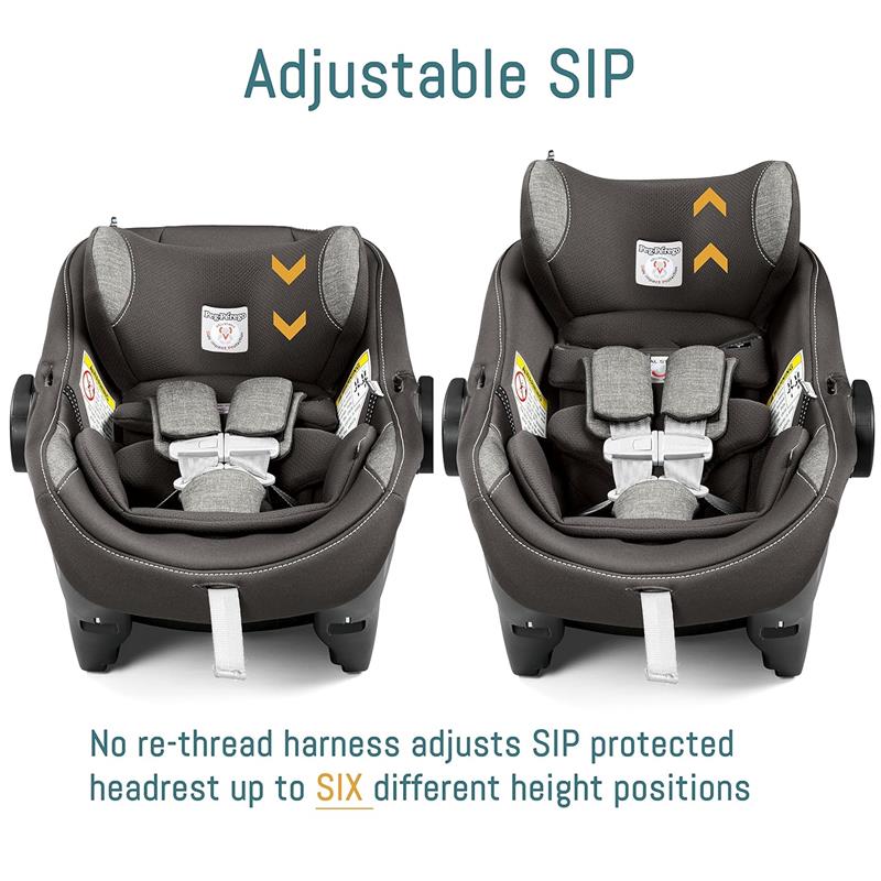 Adjustable Peg Perego Ypsi travel system car seat with protective headrest, showcasing six height positions and no re-thread harness.
