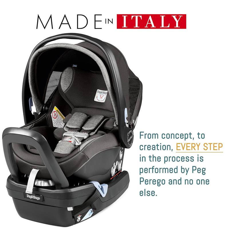 Peg Perego Ypsi Travel System, featuring a black infant car seat with safety harness, adjustable handle, and branding details.