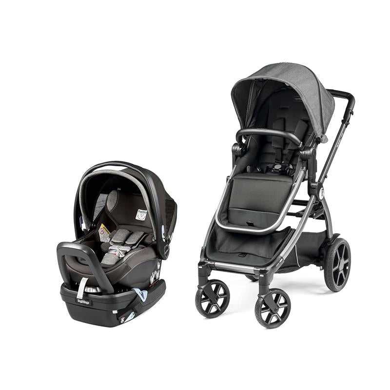 Peg Perego Ypsi Travel System includes a lightweight stroller and an infant car seat, both in black and gray.
