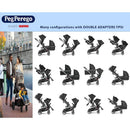 Peg Perego Ypsi Travel System featuring various configurations with double adapters, displayed alongside a couple and child.