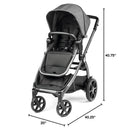 Peg Perego Ypsi Travel System in metal with gray fabric, featuring an adjustable canopy, safety harness, and multiple dimensions indicated.