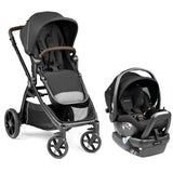 Peg Perego Ypsi Travel System in True Black, featuring a padded seat, adjustable canopy, and sleek frame with four wheels.