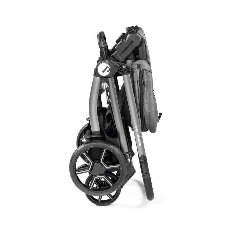 Peg Perego Ypsi Travel System in Vanilla Blend, compactly folded with large wheels and a gray fabric storage pocket.