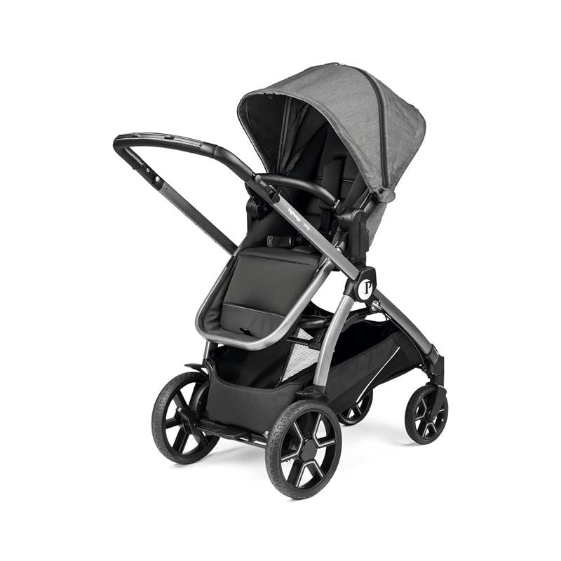Peg Perego Ypsi Travel System in Vanilla Blend, featuring a sleek gray fabric canopy and black seat, designed for infant transport.