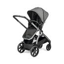 Peg Perego Ypsi Travel System in Vanilla Blend, featuring a sleek gray fabric canopy and black seat, designed for infant transport.