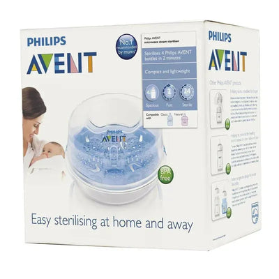 Philips Avent microwave steam sterilizer, compact and BPA-free, sterilizes 4 bottles in 2 minutes. Easy use at home or away.