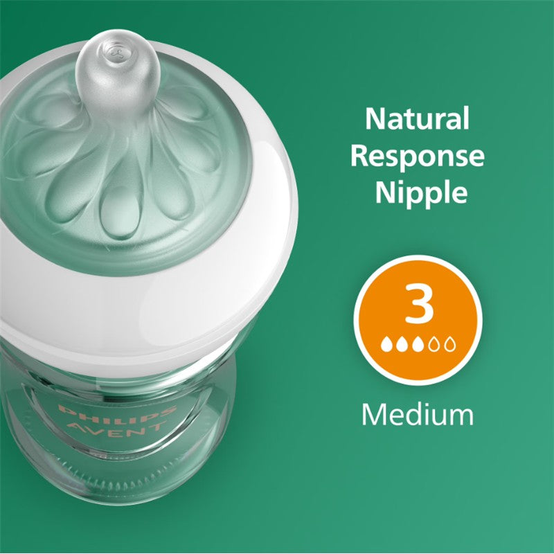 Philips Avent Natural Glass Baby Bottle featuring a Natural Response Nipple (Medium Flow, Flow 3) with 8oz capacity.