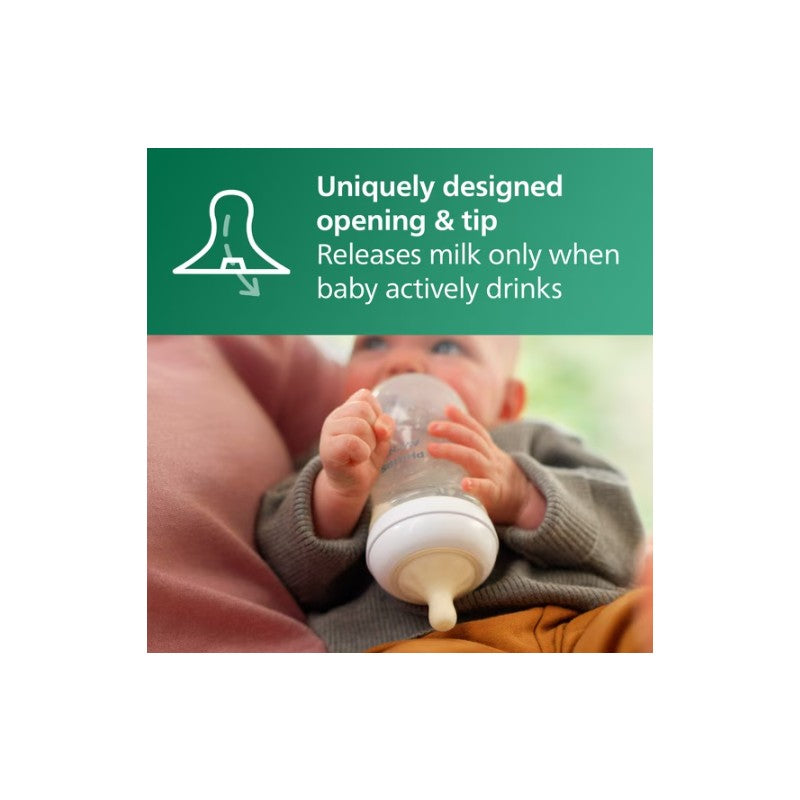 Philips Avent Natural Glass Baby Bottle with natural response nipple held by a baby, featuring text about its unique design.