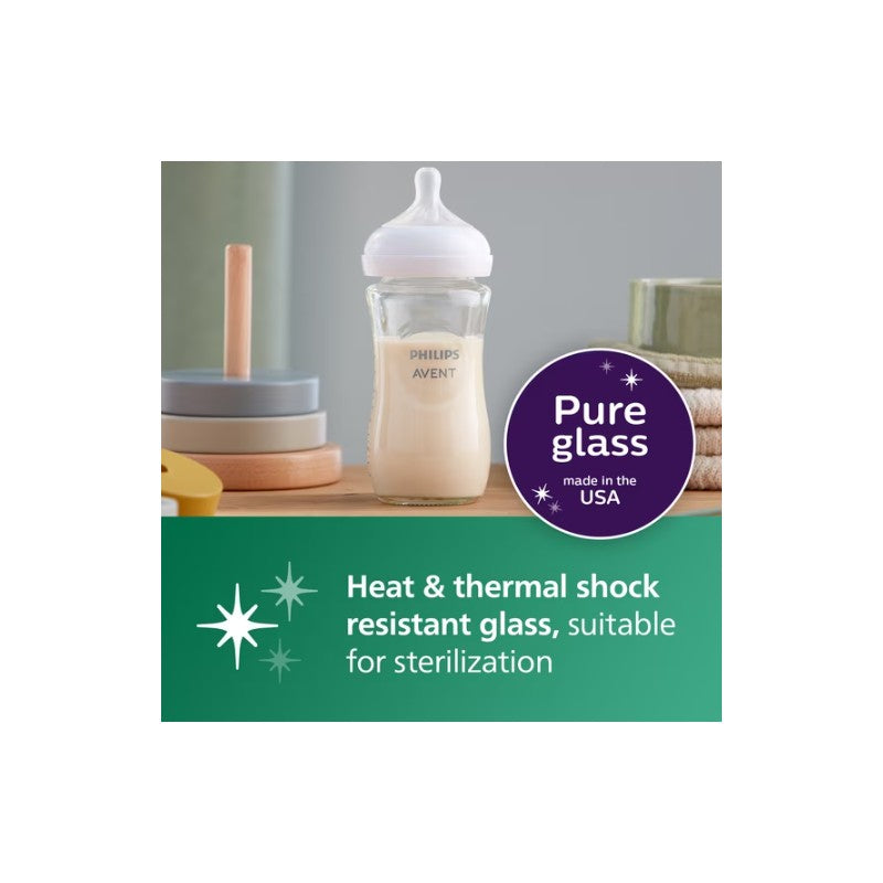 Philips Avent Natural Glass Baby Bottle with Natural Response Nipple, showcasing heat-resistant glass and sterilization details.