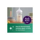 Philips Avent Natural Glass Baby Bottle with Natural Response Nipple, showcasing heat-resistant glass and sterilization details.