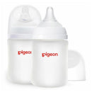 Two Pigeon wide-neck baby bottles with silicone-coated glass, each holding 5 oz, featuring a clear design and red logo.