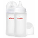 Pigeon 2-pack silicone-coated wide neck baby bottles, 8 oz, featuring clear bodies and red logos.