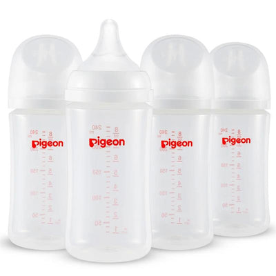 Four Pigeon 8.1 oz wide neck baby bottles with measurement markings and red logo, suitable for ages 3 months and older.