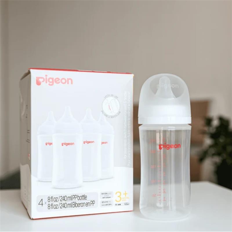 Pigeon 4Pk Wide Neck Baby Bottle, 8.1 Oz, labeled for 3 months and older, with clear bottle and packaging in background.