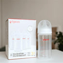 Pigeon 4Pk Wide Neck Baby Bottle, 8.1 Oz, labeled for 3 months and older, with clear bottle and packaging in background.
