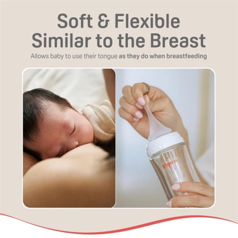 Soft and flexible Pigeon silicone nipple for babies 3+ months, demonstrating breastfeeding similarity.