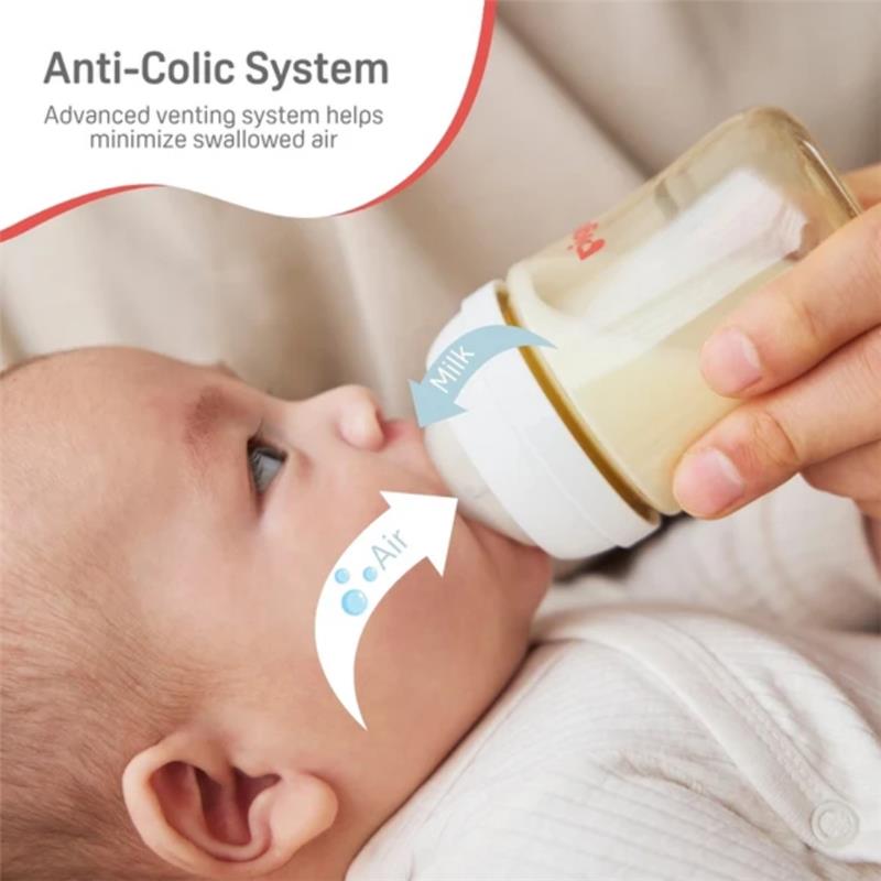 Silicone nipple for infants, highlighting the anti-colic system to reduce swallowed air during feeding.