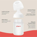 Pigeon 4Pk Silicone Nipple, suitable for 0+ months, features a wide neck, anti-colic valve, and a silicone-coated glass bottle.