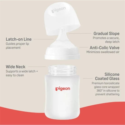 Pigeon 4Pk Silicone Nipple, suitable for 0+ months, features a wide neck, anti-colic valve, and a silicone-coated glass bottle.