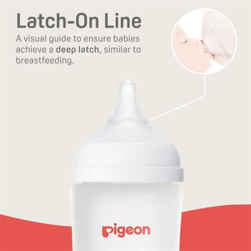 Silicone nipple for Pigeon bottles, featuring a Latch-On Line for ensuring a deep latch during breastfeeding.