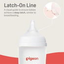 Silicone nipple for Pigeon bottles, featuring a Latch-On Line for ensuring a deep latch during breastfeeding.